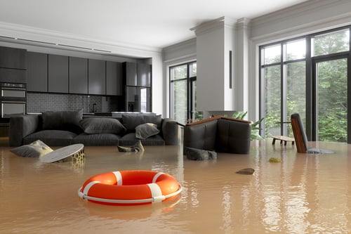 The living room of a home in need of water damage restoration after flooding or a leak, showing a soaked sofa and household items floating.