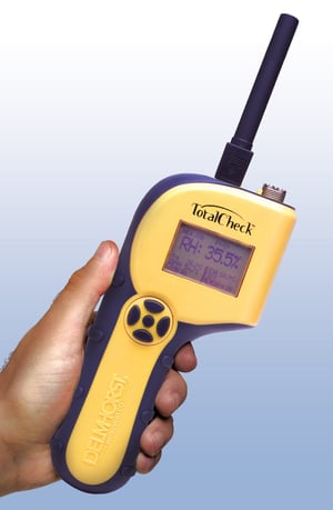 The TotalCheck 3-in-1 meter combines the functions of a pin moisture meter, pinless meter, and a thermo-hygrometer in one tool.